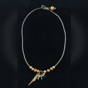 New Handmade Gold Pearl & Feather Charm & Sage Leather Necklace